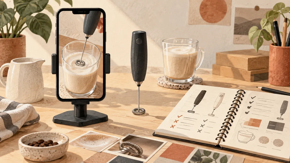 Editorial illustration of a product demonstration on a phone beside samples and a research notebook.